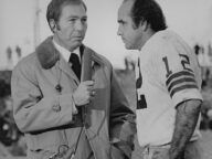 Former Packers quarterback Bart Starr, now a television commentator, interviews current Packers quarterback John Hadl. Dated 1974