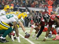 The Green Bay Packers line up against the Atlanta Falcons in a 2016 meeting.