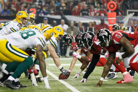 The Green Bay Packers line up against the Atlanta Falcons in a 2016 meeting.
