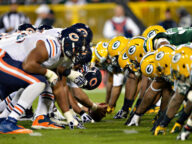 The Packers line up against the Bears