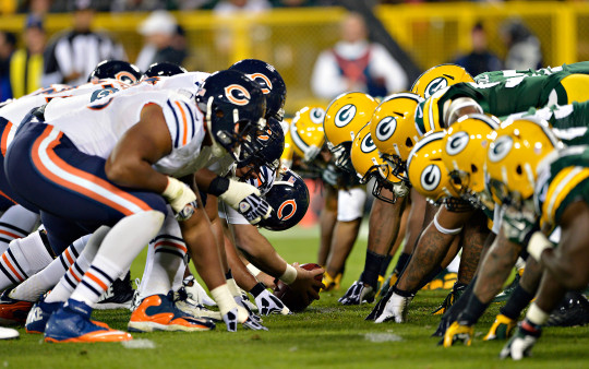 The Packers line up against the Bears