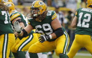 Green Bay Packers offensive tackle David Bakhtiari (69) practices his form before the Green Bay Packers-New York Jets NFL football game at Lambeau Field in Green Bay, Wisconsin, Sunday, September 14, 2014. Milwaukee Journal Sentinel photo by Rick Wood/RWOOD@JOURNALSENTINEL.COM