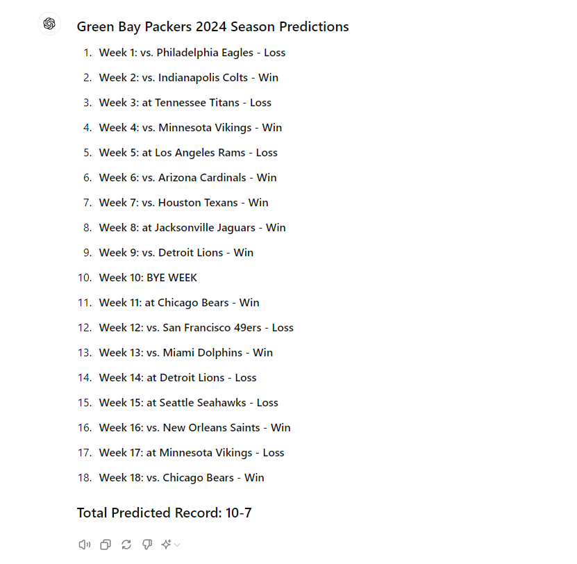 predicting packers wins/losses chatgpt