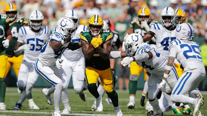 Green Bay Packers running back Josh Jacobs (8) runs for a first down in the fourth quarter against the Indianapolis Colts. / Dan Powers/USA TODAY NETWORK-Wisconsin / USA TODAY NETWORK via Imagn Images