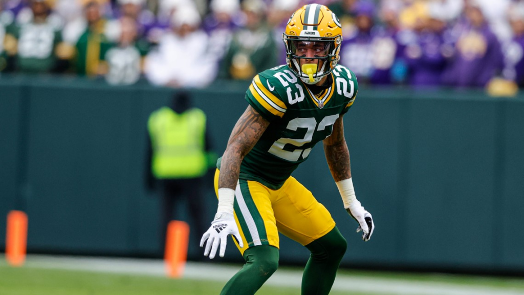 Jaire Alexander lining up against the Vikings in 2023