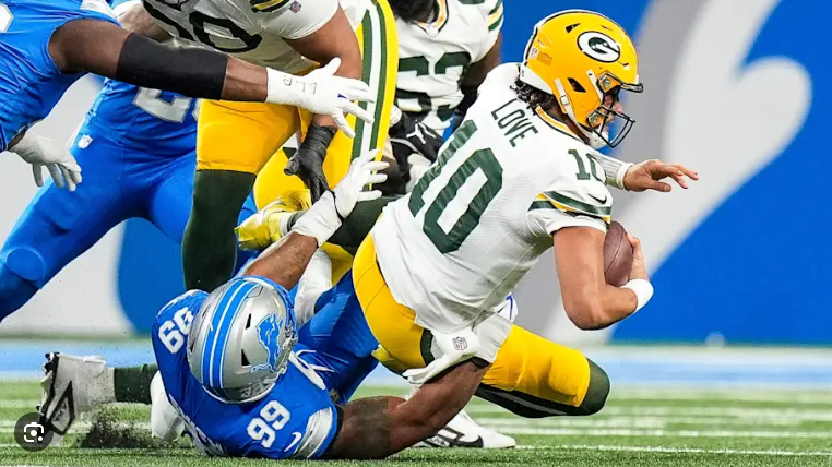 Green Bay Packers Jordan Love sacked in game against Lions